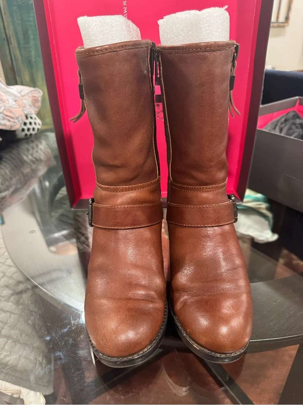 Vince Camuto Tan Leather Ankle Boots with Buckle Detail